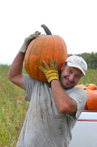 Man carrying pumpkin on his shoulder